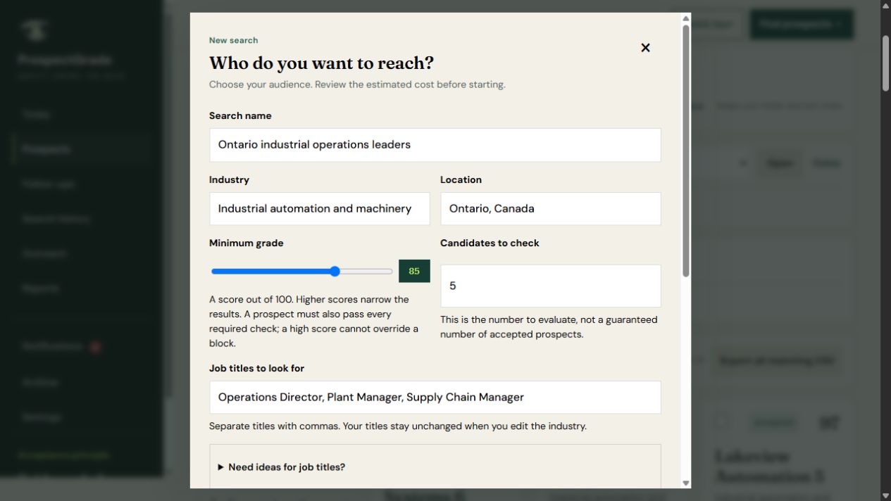 ProspectGrade audience setup with industry, location, minimum grade and target job titles