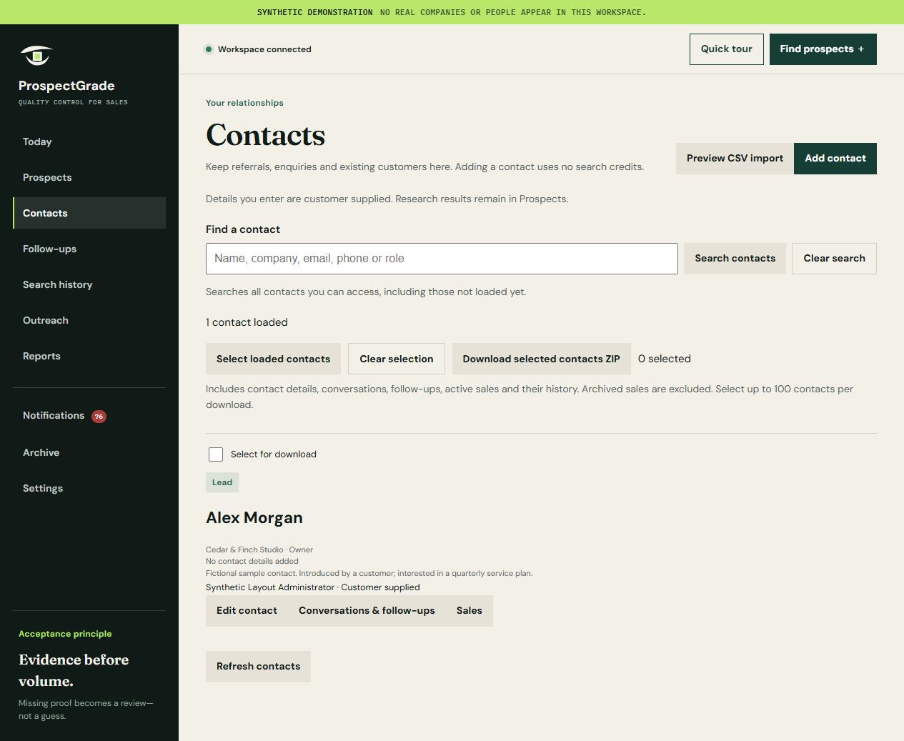 ProspectGrade Contacts workspace with a fictional referral and conversation, follow-up and sales actions