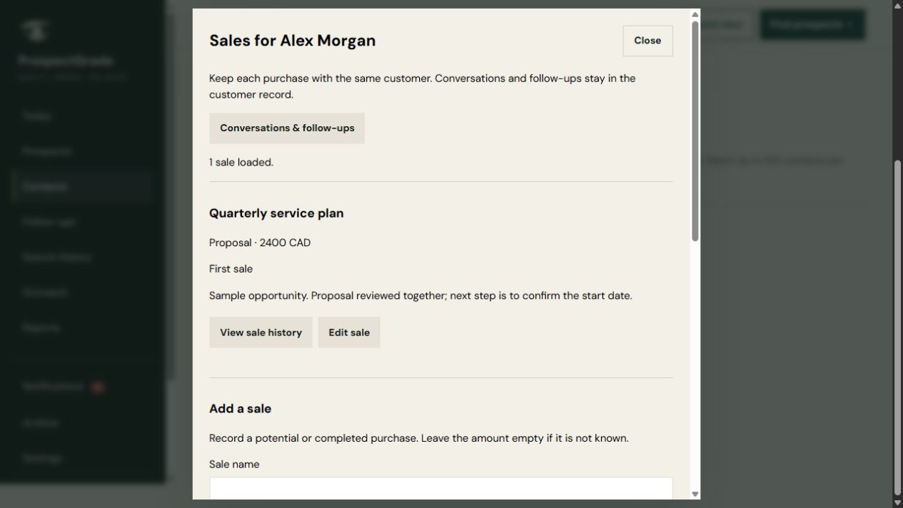 ProspectGrade sales panel showing a fictional service proposal, stage, value and notes